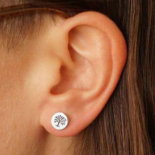 Sterling Silver Etched Tree of Life Earrings on Ear