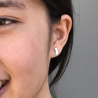 Sterling Silver Cat Silhouette  Earrings on Ear