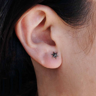 Sterling Silver Ridged Star Earrings on Ear