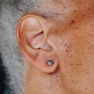 Sterling Silver 3D Cat Head Post Earrings on model