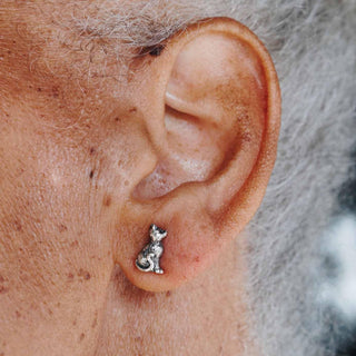 Sterling Silver Perched Cat Earrings on Ear