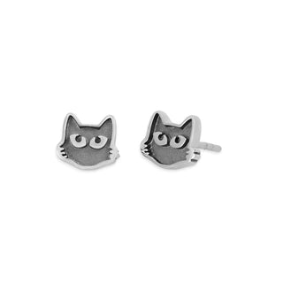 Sterling Silver Black Cat Face Post Earrings 7x8mm on white background