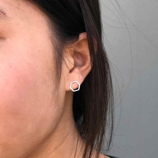 Sterling Silver Honeycomb Hexagon Earring on Ear