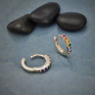 Nina Designs Sterling Silver Huggie Hoops with Rainbow Nano Gems