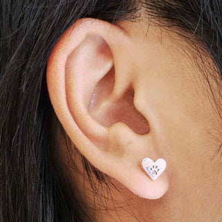 Sterling Silver Heart Post Earrings with Etched Paw Print on Ear
