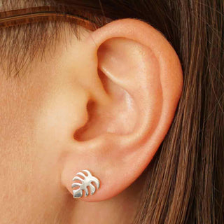 Sterling Silver Monstera Leaf Earrings on ear