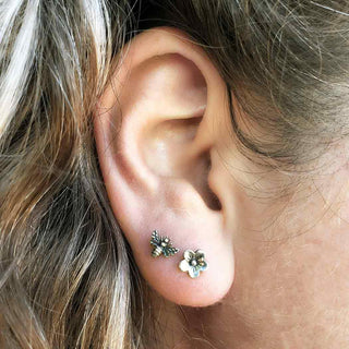 Sterling Silver Bee and Blossom Earrings on Ear