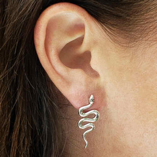 Sterling Silver Large Snake Earrings on Ear