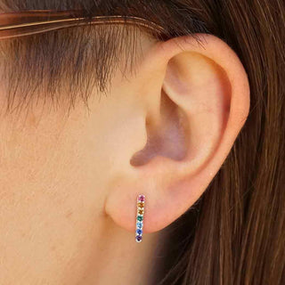 Sterling Silver Rainbow Nanogem Bar Earrings on Ear