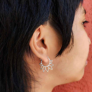 Sterling Silver Lotus Hoop Earrings on Ear