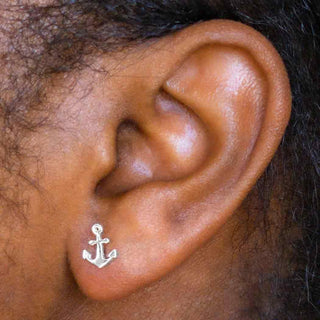 Sterling Silver Boat Anchor Earrings on Ear