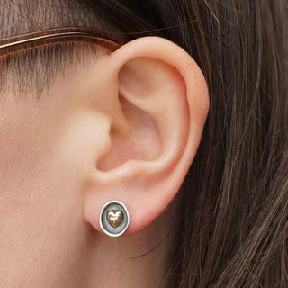 Sterling Silver and Bronze Heart Shadowbox Earrings on Ear