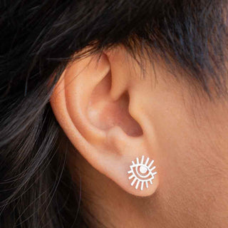 Sterling Silver Long Lashes Eye Post Earrings on model