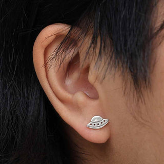 Sterling Silver Flying Saucer Earrings on Ear