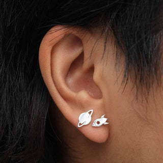 Sterling Silver Rocket ship and Planet Earrings on Ear