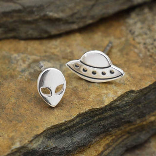 Nina Designs Sterling Silver Mismatched Alien and UFO Post Earrings