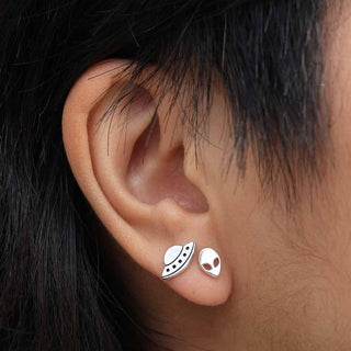 Sterling Silver Mismatched Alien and UFO Post Earrings on ear