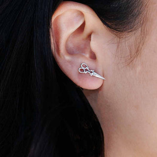 Sterling Silver Scissors Earrings on Ear