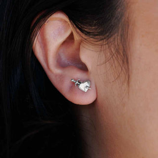 Sterling Silver Sword in Heart Post Earrings on Ear