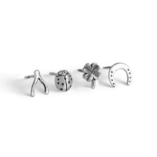 Nina Designs Sterling Silver Lucky Charm Earring Set with Wishbone, Ladybug, Four Leaf Clover, and Horseshoe Post Earrings