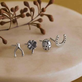 Sterling Silver Wishbone, Four Leaf Clover, Ladybug, and Horseshoe Post Earrings