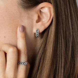 Sterling Silver Graduated Chain Huggie Hoops on Ear