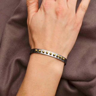 Black Silver Bangle Bracelet with 9 Bronze Balls on Wrist