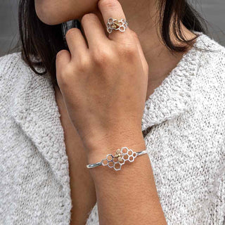 Sterling Silver Honeycomb Cuff Bracelet with Bronze Bee on Wrist