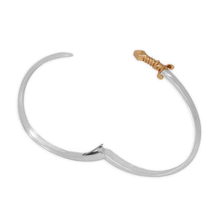 Mixed Metal Sword Bracelet open showing hinge closure with white background