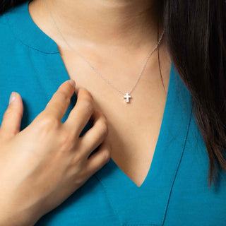 Sterling Silver Small Cross Slider Bead Necklace on model