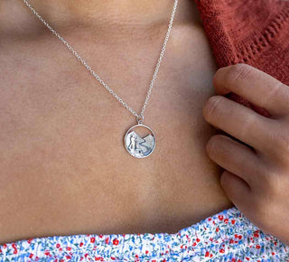 Sterling Silver Woman on Hiking Trail Necklace on Neck