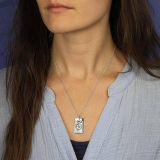 Sterling Silver Magician Tarot Card Necklace on model