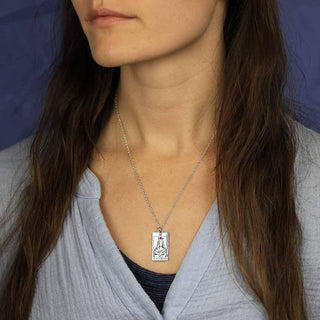 Sterling Silver High Priestess Tarot Card Necklace on Woman