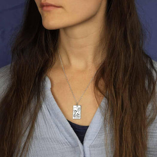 Sterling Silver Lovers Tarot Card Necklace on model