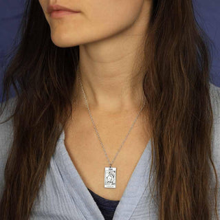 Sterling Silver Strength Tarot Card Necklace on Woman
