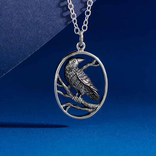 Nina Designs Sterling Silver Raven on a Branch Necklace on Silver Chain