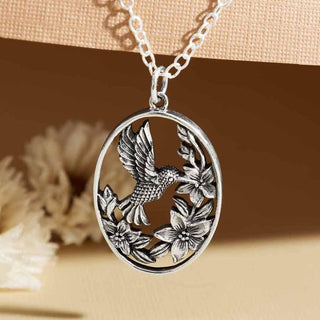 Nina Designs Sterling Silver Hummingbird with Flowers Necklace on Silver Chain