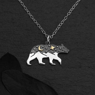 Nina Designs Mixed Metal Bear with Moon and Stars Necklace on Silver Chain