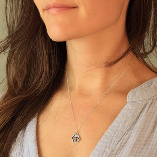 Sterling Silver Bee in Honeycomb Hexagon Necklace on Woman