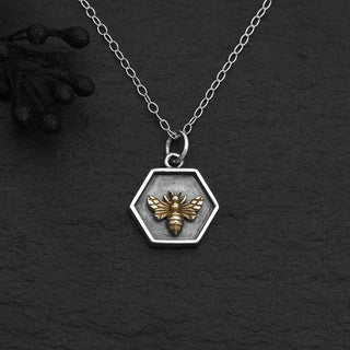 Nina Designs Mixed Metal Hexagon Shadowbox with Bronze Bee Necklace with Silver Chain