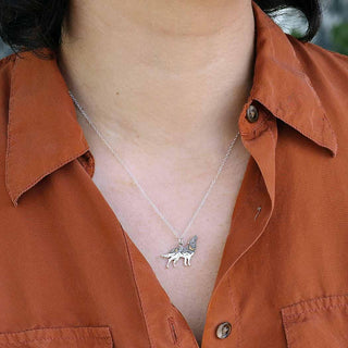 Sterling Silver and Bronze Wolf Necklace on Neck