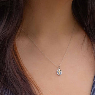 Sterling Silver and Bronze Cross Shadowbox Necklace on Neck