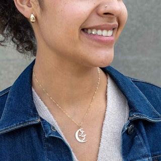 Crescent Moon and Bats Necklace on Neck