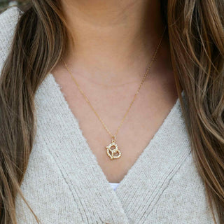 Bronze Pretzel Necklace with Gold Fill Chain on model