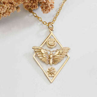 Nina Designs Bronze Sun and Moon Moth Necklace on Gold Filled chain