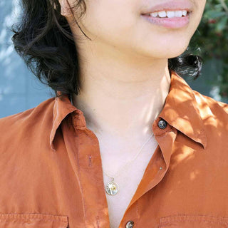 Sterling Silver and Bronze Palm Tree and Bronze Sun Necklace on Neck