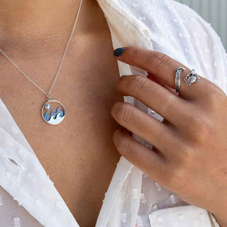 Sterling Silver Ocean Waves Necklace with Pearl Moon on Neck