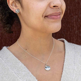 Sterling Silver Mountain with Pearl Moon Necklace on model