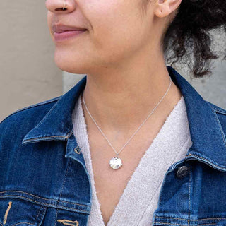 Sterling Silver Hammered Circle Locket Necklace on Neck