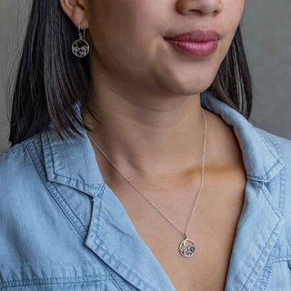 Sterling Silver Mushrooms with Bronze Moon Necklace on Woman